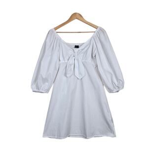 Romantic Cottagecore Babydoll Mini Dress L White Puff Sleeve Bow Peasant Dress